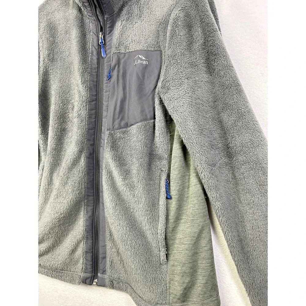 LLBean Mens Fleece Jacket Full Zip Gray Blue Trim‎ Pockets Size Medium